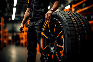 tire at repairing service garage background. Technician man replacing winter and summer tire for safety road trip. Transportation and automotive maintenance concept. - obrazy, fototapety, plakaty