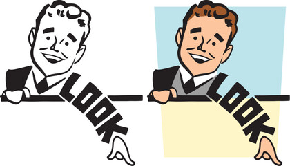 A vintage retro cartoon of a man pointing down at something interesting. 