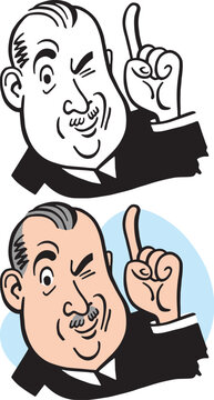 A vintage retro cartoon of a mature businessman pointing up at something interesting. 