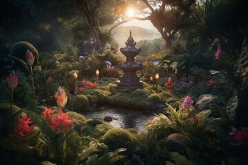 Enchanted heavenly garden filled with mystical wonders. Generative AI