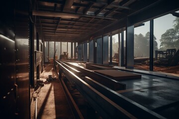 Constructing house with steel I-beam. Generative AI
