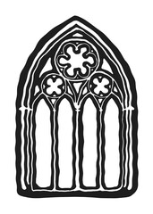 Geometrical decorated gothic window tracery stylized drawing. Architectural element; medieval cathedral arches.