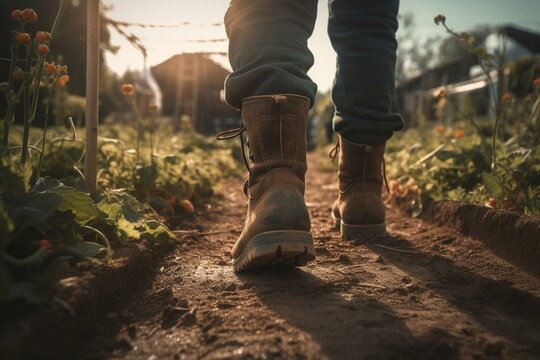 Farmer Walks Through Agriculture Garden In Boots For Sustainable Harvest. Generative AI