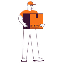 Man holding a package box.Delivery man.A postman with a box.Outline vector illustration.Isolated on white background.