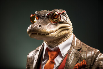 Portrait of crocodile with sunglasses wearing leather jacket and tie on solid background. Generative AI.