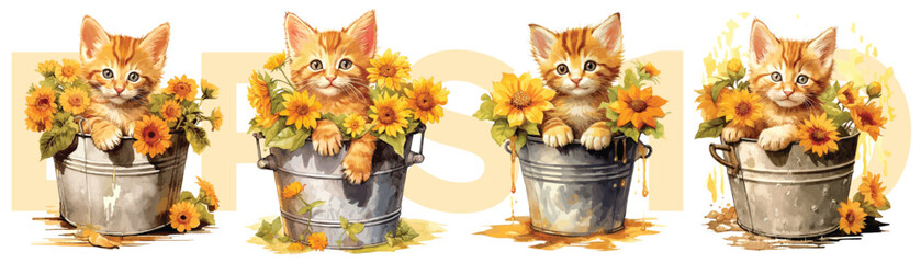 Watercolor painting style of orange kitten and flowers in water bucket, Vector Illustration - 620639285