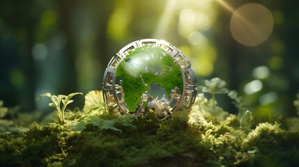 Natural climate solutions concept. Action for avoid greenhouse gas emissions and increase carbon storage in forests, grassland and wetlands. Gears and globe with leafs on nature background
 - obrazy, fototapety, plakaty