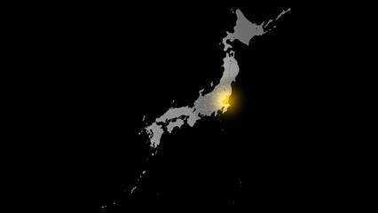 平衡投影で見る金属調の日本列島で金色に輝く茨城県.