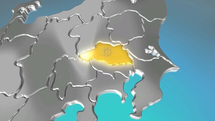 透視投影で見る金属調の日本列島で金色に輝く埼玉県.