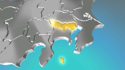 透視投影で見る金属調の日本列島で金色に輝く東京都.