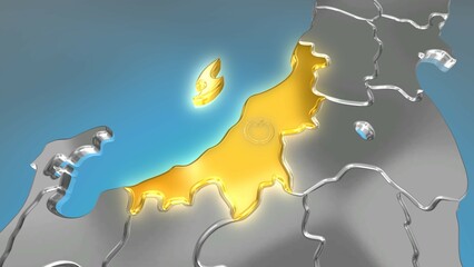 透視投影で見る金属調の日本列島で金色に輝く新潟県.