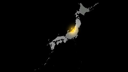 平衡投影で見る金属調の日本列島で金色に輝く新潟県.