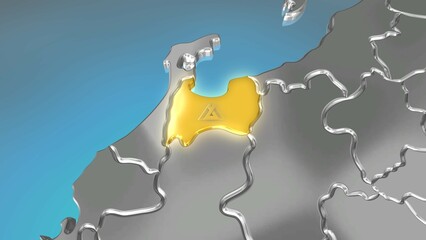 透視投影で見る金属調の日本列島で金色に輝く富山県.