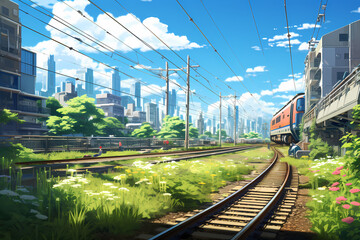 city ​​and train views, anime styl