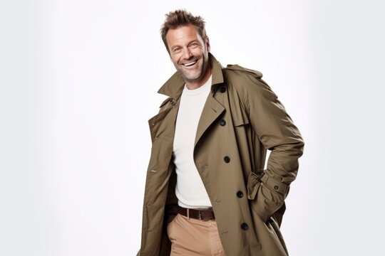 Handsome man in trench coat smiling at camera while standing against white background