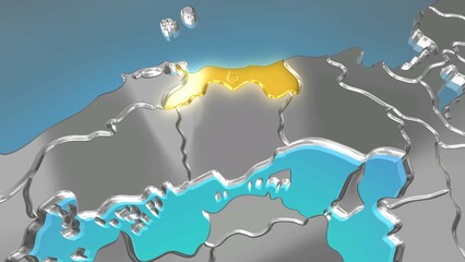 透視投影で見る金属調の日本列島で金色に輝く鳥取県.