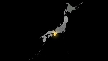 平衡投影で見る金属調の日本列島で金色に輝く奈良県.