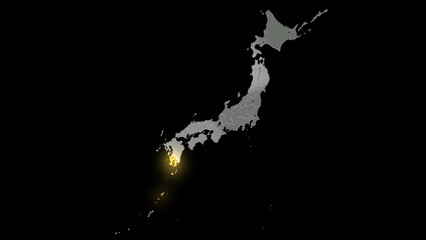 平衡投影で見る金属調の日本列島で金色に輝く鹿児島県.