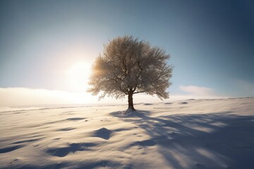 A single tree in a snowy landscape with a sunbeam in the background. Generative AI