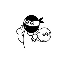 Illustration of a thief carrying a bag of money, simple hand drawn, sign or warning somewhere or sticker