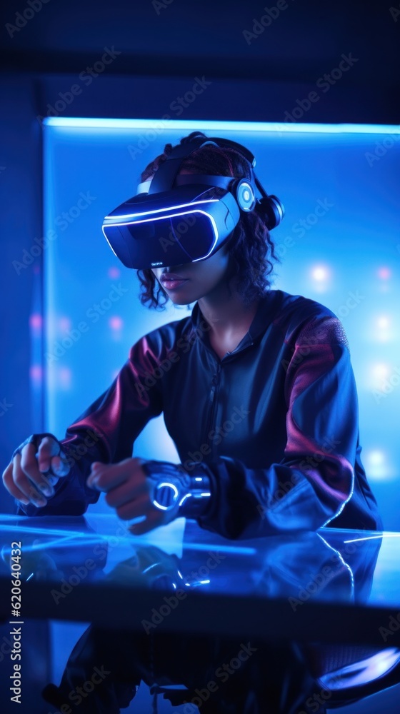 Poster a man wearing a virtual reality headset sitting at a table. generative ai image.