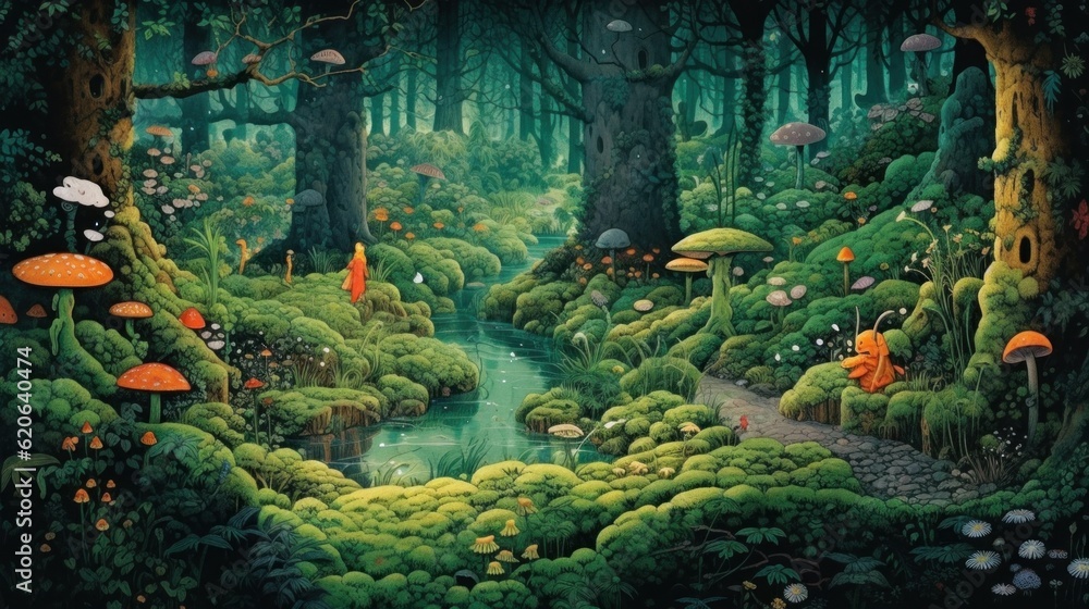 Poster a painting of a forest with a stream running through it. generative ai image.