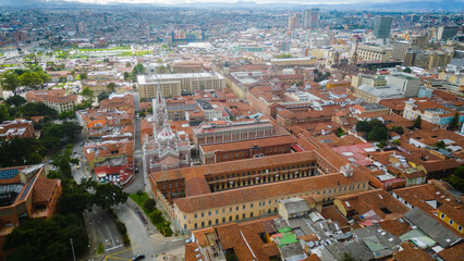 Bogota Bolivar square with metropolitan main cathedral historical city center downtown aerial view 