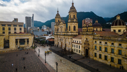 Aerial of Bogota historical Colombia city center Downton Plaza de Bolívar and metropolitan...