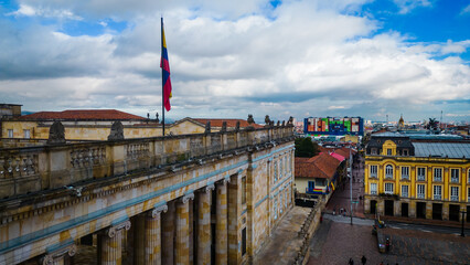 aerial of Bogota Colombia Palace of Justice in historical colonial downtown city centre with...