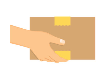 hand holding paper box package; express delivery, courier, shipping concept - vector illustration