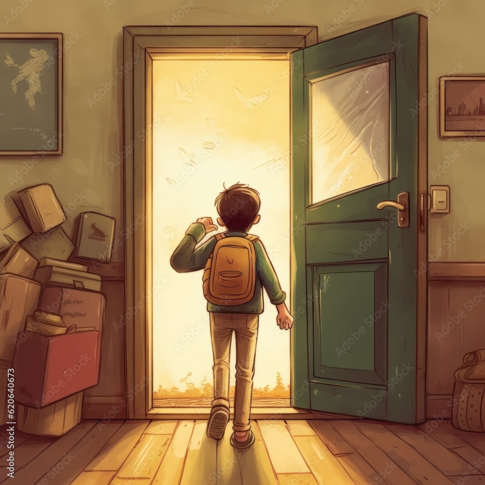Poster a boy with a backpack standing in front of a door. generative ai image.