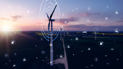 Windmill and graphic diagram of air currents that produce green energy.	 Green energy power production it is future. 