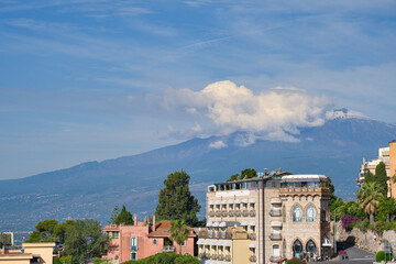 wide view of etna volcano from taormina, sicily, italy
