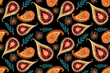 Fototapeta premium Seamless ethnic paisley pattern. elegant paisley pattern, allover composition. beautiful Aztec fabric mandala textile native motif carpet paisleys with floral motives.