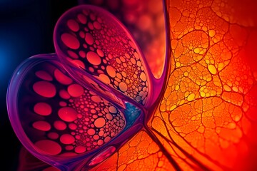 Microscopic macro close up shot of cell and bacteria. Biology, microbiology or chemistry as scientific abstract background. Human cell or molecule virus cell structure visualization. generative ai