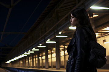 Obraz premium A lone woman traveler waiting for a train in the railway station at night. Generative AI.