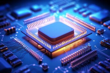 Obraz premium Small microprocessor, microcontroller chip on a generic modern desktop PC computer motherboard, object macro, extreme closeup, shallow dof, nobody Electrical components shortage concept, circuit board