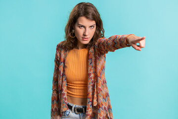 Get out of here. You are fired. Young Caucasian woman pointing finger away asking to leave her...