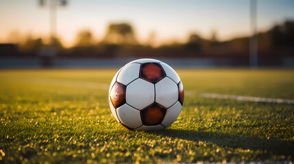 Fototapeta na wymiar Soccer ball on the field, beautiful lighting, front view.