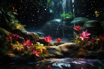 a beautiful magical garden, with waterfalls, with sapucaia trees, and fireflies, ai generated.