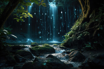 a beautiful magical garden, with waterfalls, with sapucaia trees, and fireflies, ai generated.