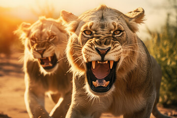 angry lionesses fighting, full body camera, beautiful background, savannah background, ai generated.