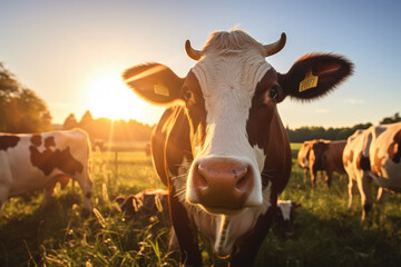 beautiful photo of a farm with cows grazing, in a beautiful sunset, ai generated.