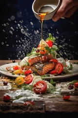 Fotobehang In this charming image for a gastronomic book, the talented hands of chefs, ai generated. © Giovanna
