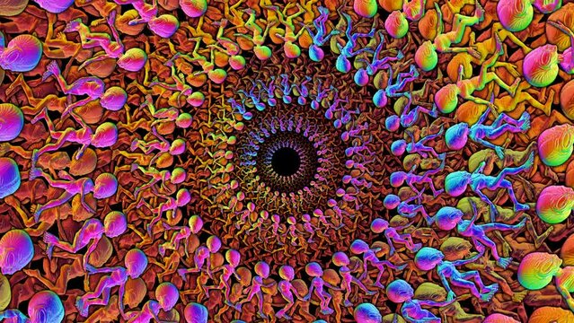 Seamless animation of psychedelic swirl of rainbow walking aliens. Spiral vortex colorful background.