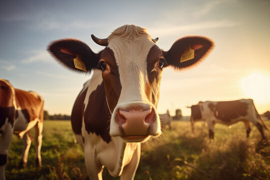 beautiful photo of a farm with cows grazing, in a beautiful sunset, ai generated.