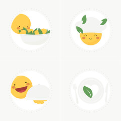 Vegan, vegetarian, main course, salad icons, to use in restaurant menus, healthy recipe books, cookbook, fitness, healthy life.
Cute emojis with food dishes and chef tall hat emoticon. Vector editable