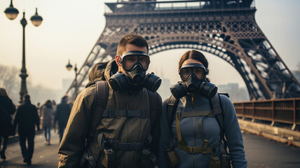 Couple of tourists in gas masks against Eiffel tower in post apocalypse Paris, France. Generative AI. - obrazy, fototapety, plakaty