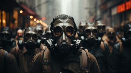 Unidentified people wearing gas mask in city. Generative AI.