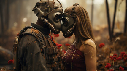 Young couple in gas masks, standing in the forest. Concept of war and love. Generative AI.